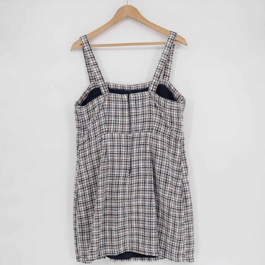 Abercrombie & Fitch Plaid Tweed Mini Dress Navy Tan Square Neck Slit Size L