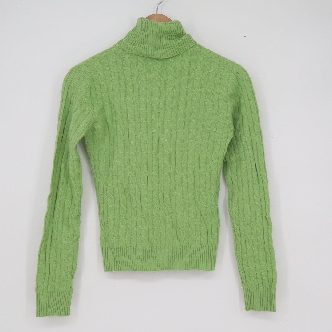 Aqua Women XS Green 100% Cashmere Cable Knit Turtleneck Sweater Long Sleeve