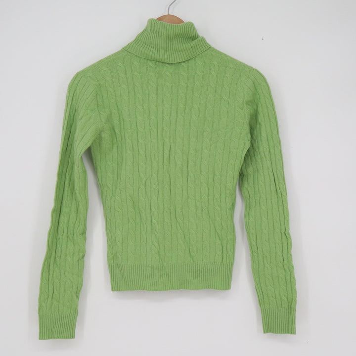 Aqua Women XS Green 100% Cashmere Cable Knit Turtleneck Sweater Long Sleeve