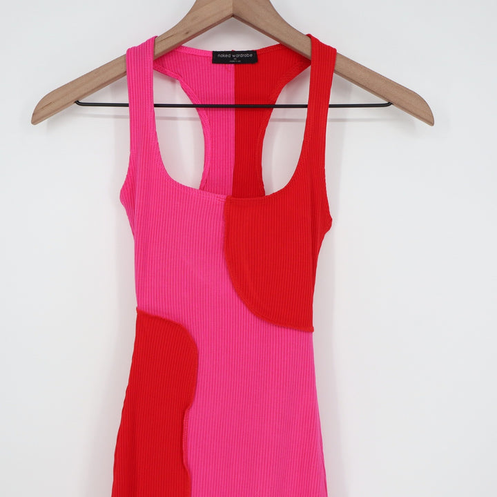 Naked Wardrobe Pink Red Colorblock Ribbed Racerback Midi Dress NW-D2400 Large