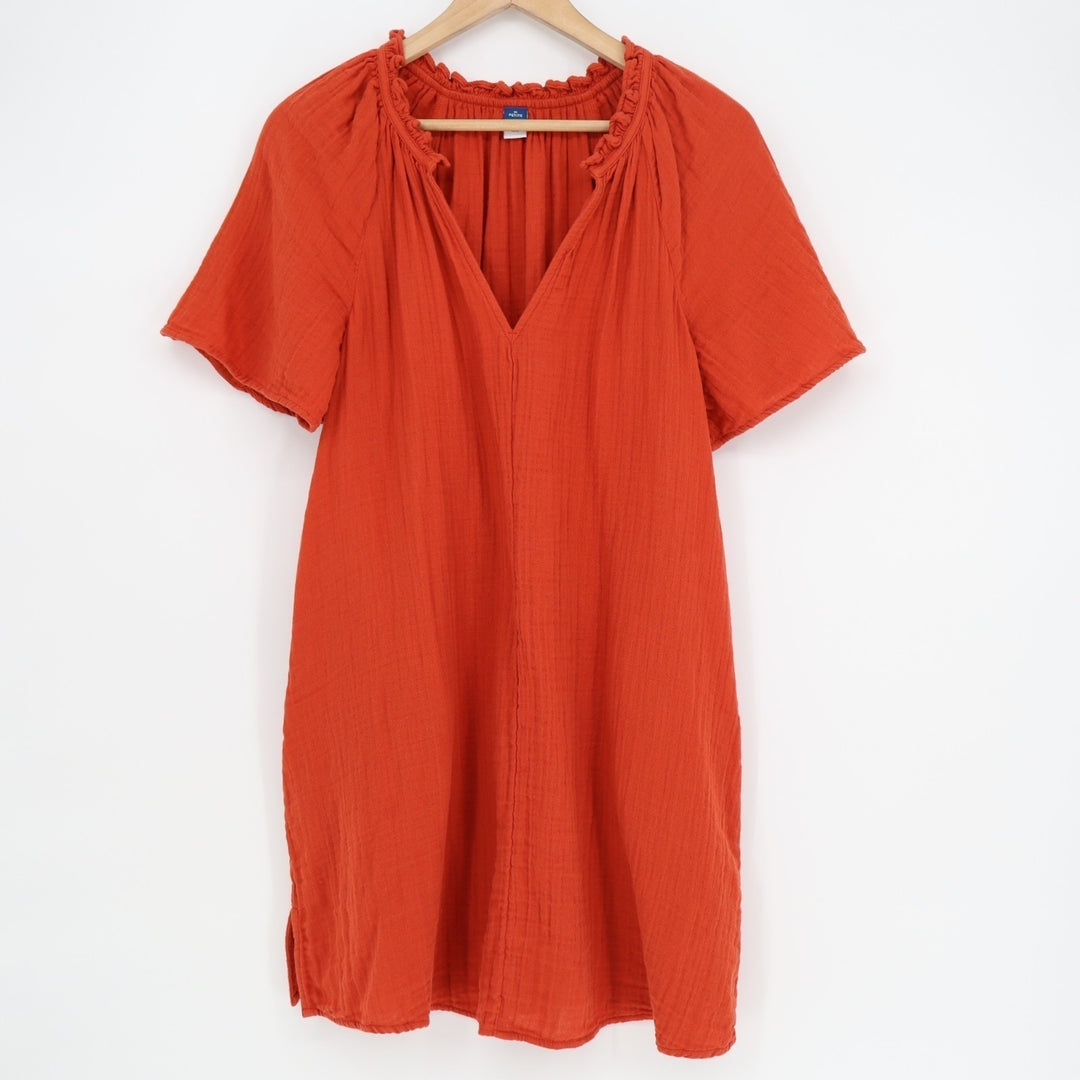 Old Navy Babydoll Dress Womens MP Rust Cotton Pleated Side Pockets Split Neck