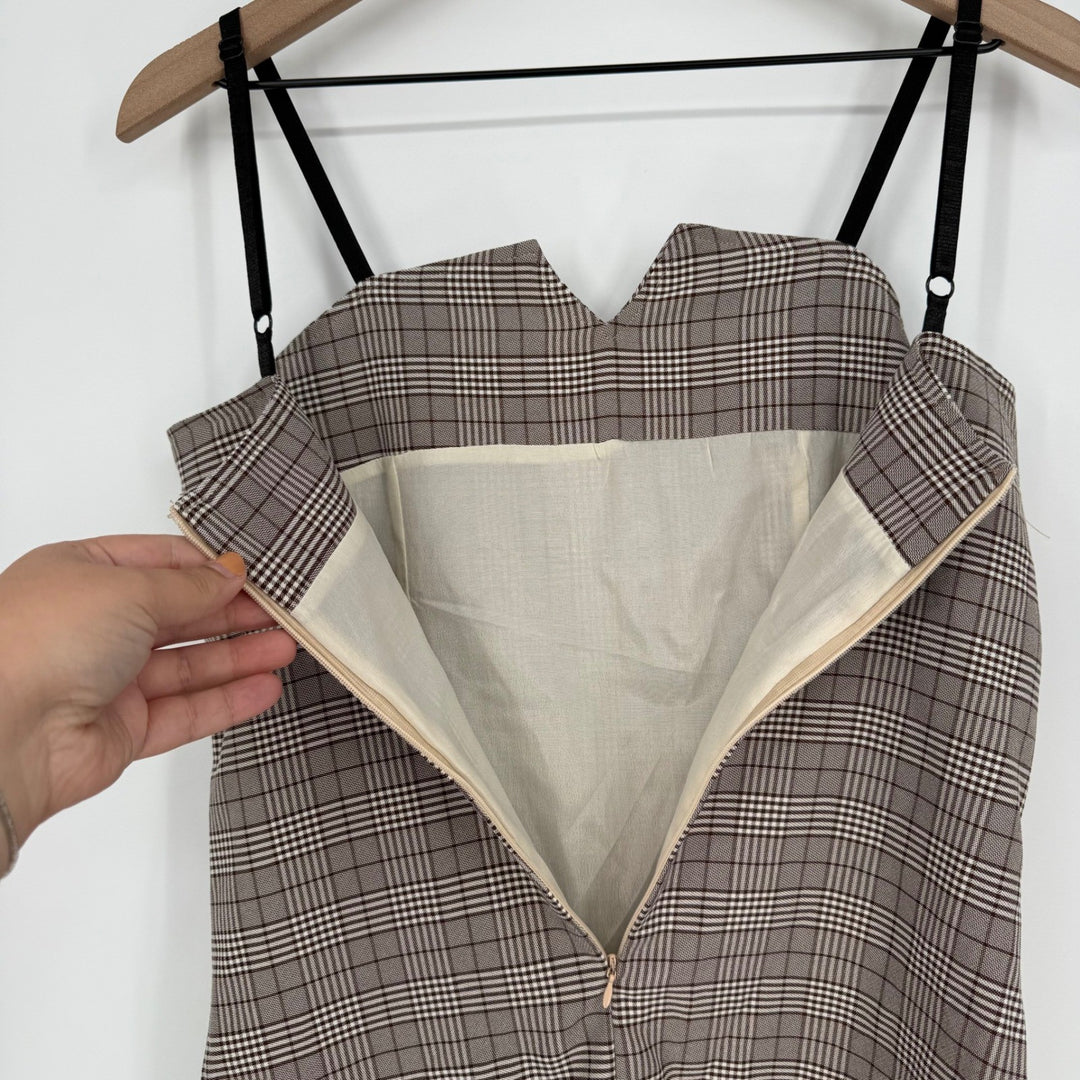 Plaid Button Front Mini Dress Sweetheart Neckline Adjustable Straps Pockets
