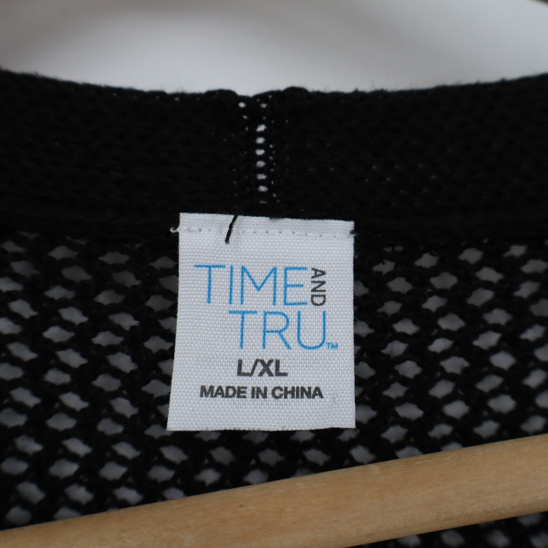 Time And Tru Cardigan Womens L/XL Black Mesh Knit Kimono Sleeve Open Front