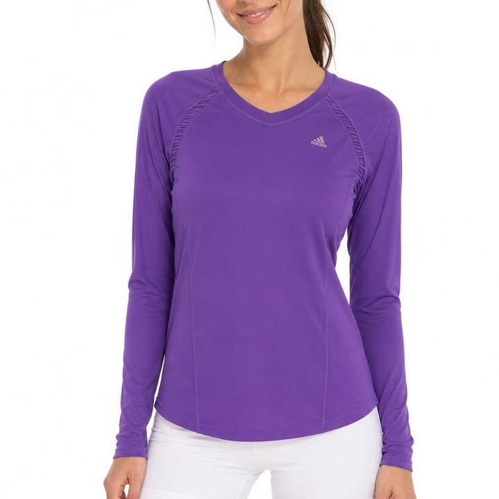 Adidas Shirt Women Purple Climacool V-Neck Long Sleeve Athletic Excellent