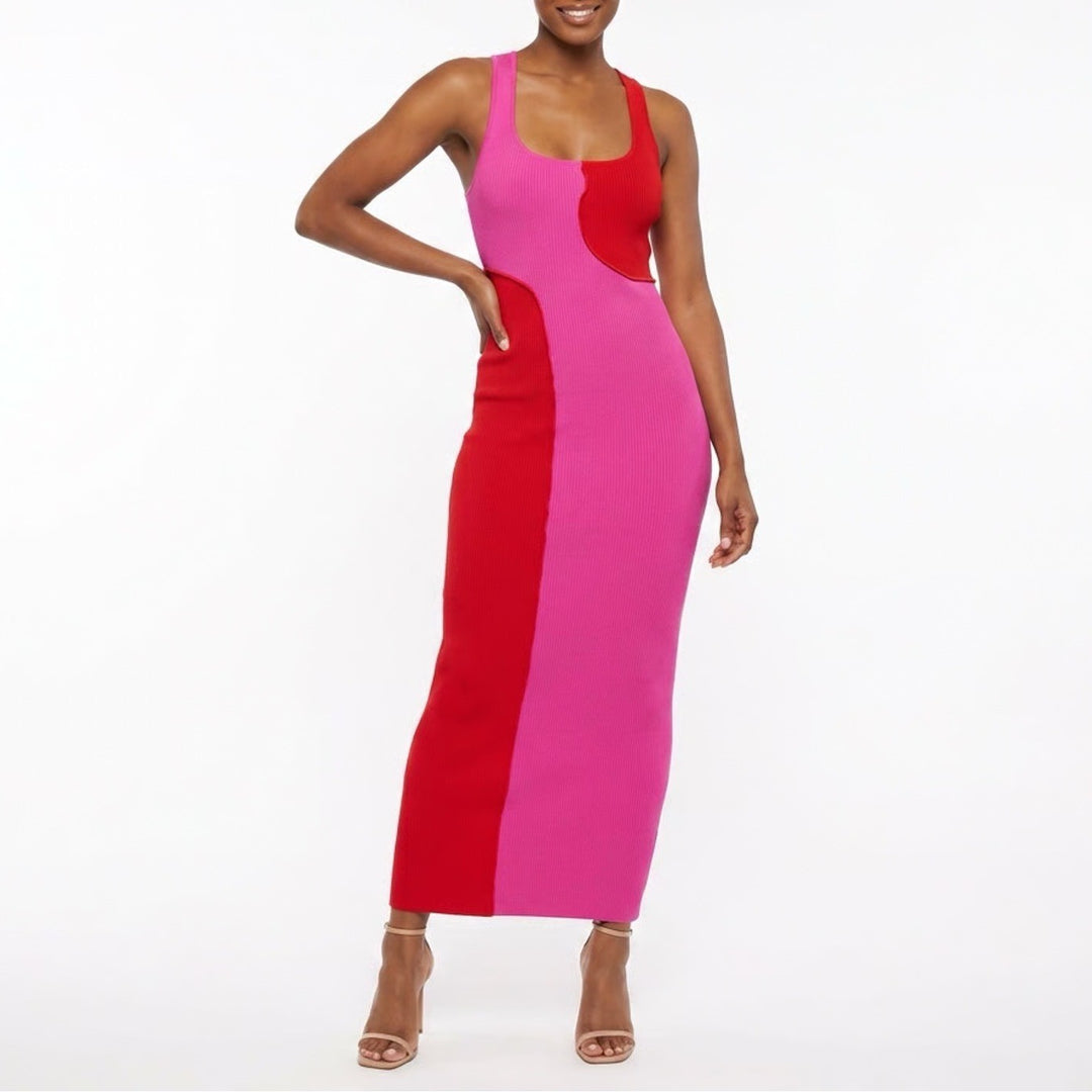 Naked Wardrobe Pink Red Colorblock Ribbed Midi Dress Size M