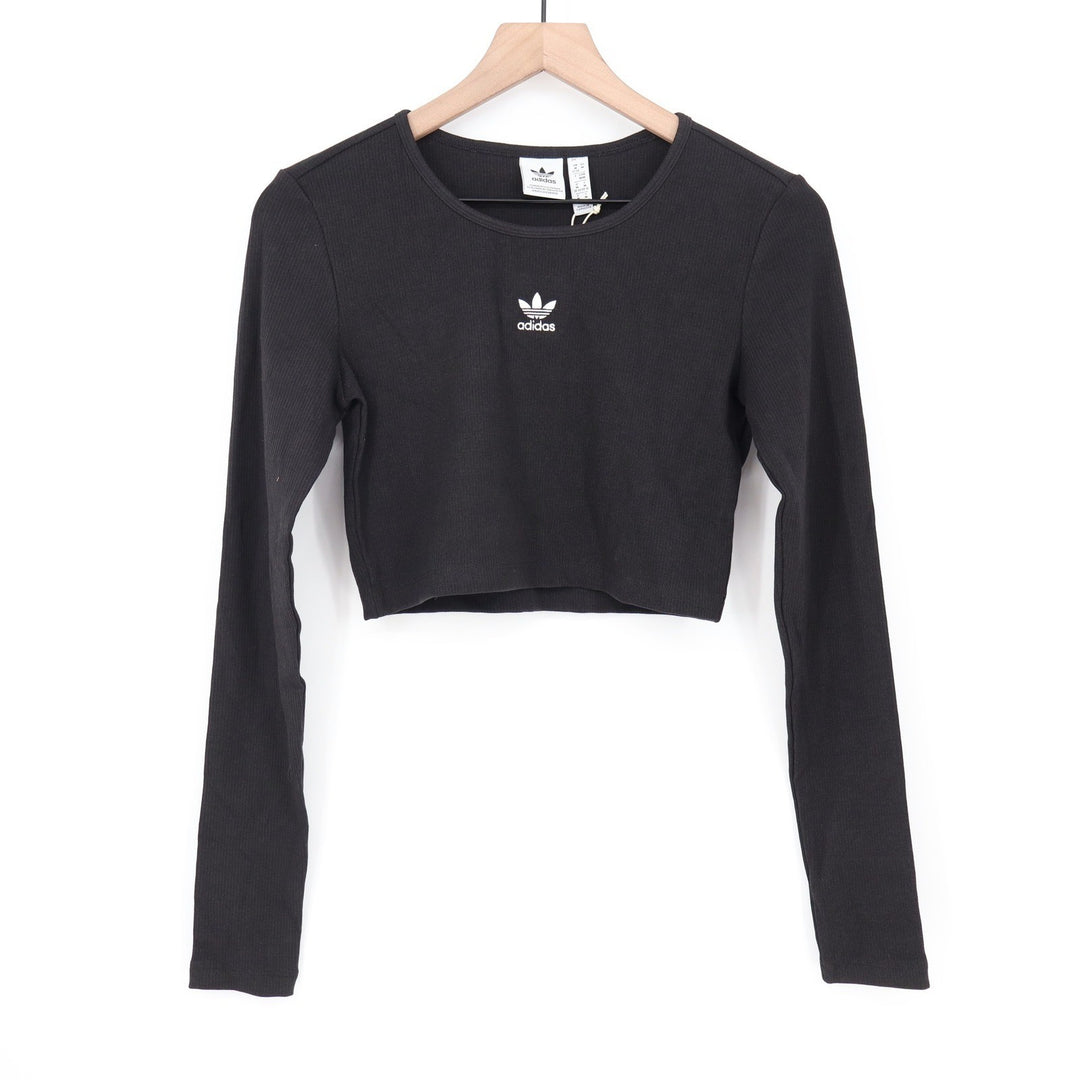 Adidas Originals Womens ESS Crop LS Black Ribbed Long Sleeve Top Size M