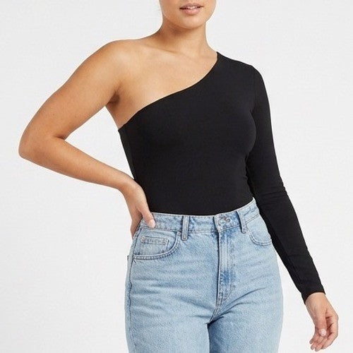 Naked Wardrobe Mens One Shoulder Long Sleeve Bodysuit Black Size M