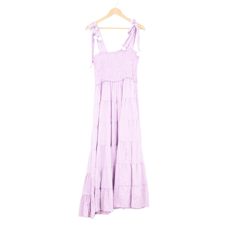 Purple Gingham Smocked Tiered Maxi Dress Tie Straps Lilac Checkered Large