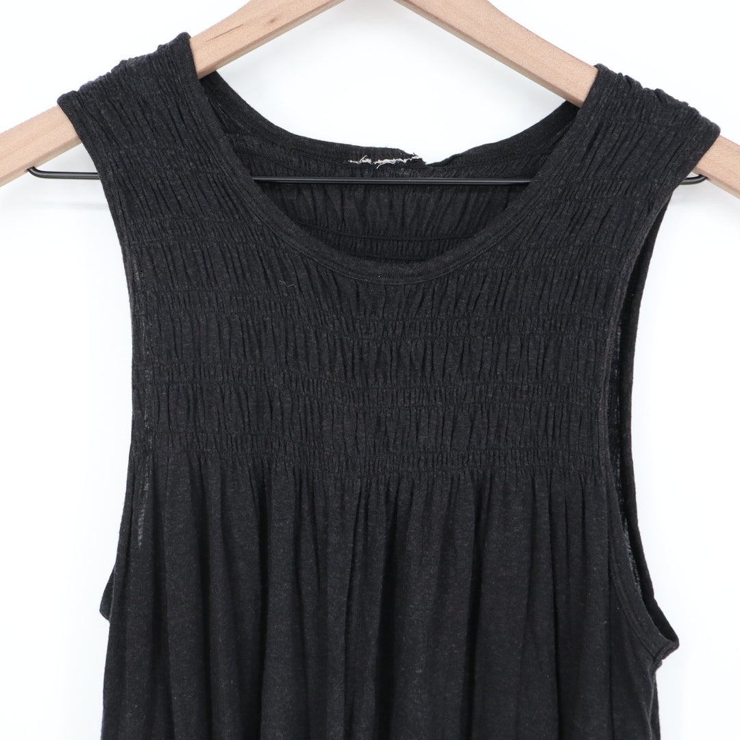 Tank Top Womens Large Black Stretch Pleated Smocked Wide Strap Round Neck