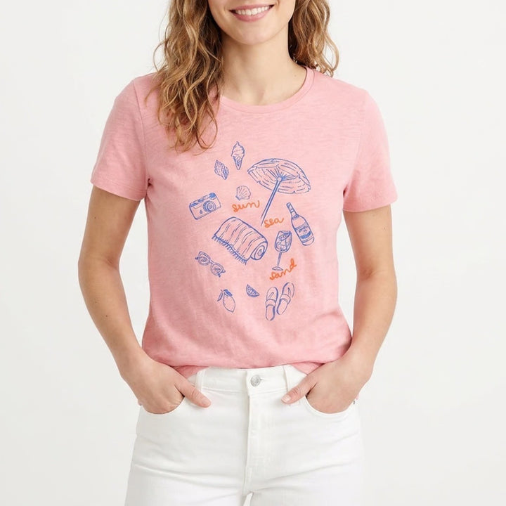 J. Crew Collector Tee Womens L Pink Sun Sea Sand Beach Graphic Slub Cotton Shirt