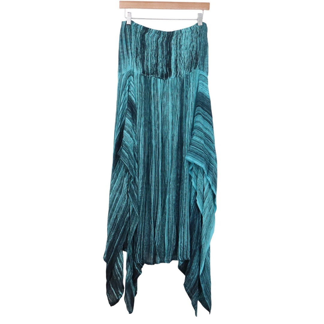 Handmade Indonesia Teal Black Striped Strapless Handkerchief Hem Maxi Dress L