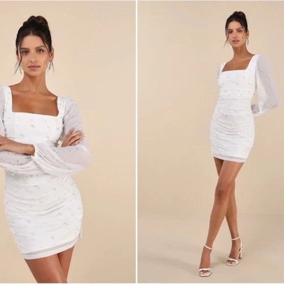 Lulus Admirably Divine White Mesh Pearl Long Sleeve Mini Dress Size M