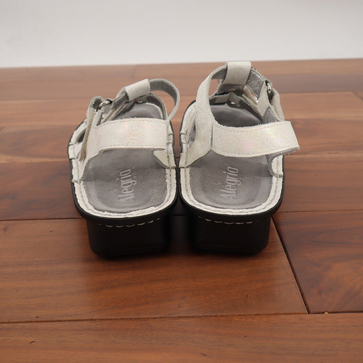 Alegria Kleo White Iridescent Floral Leather Rocker Sandals KLE-670 Size 38