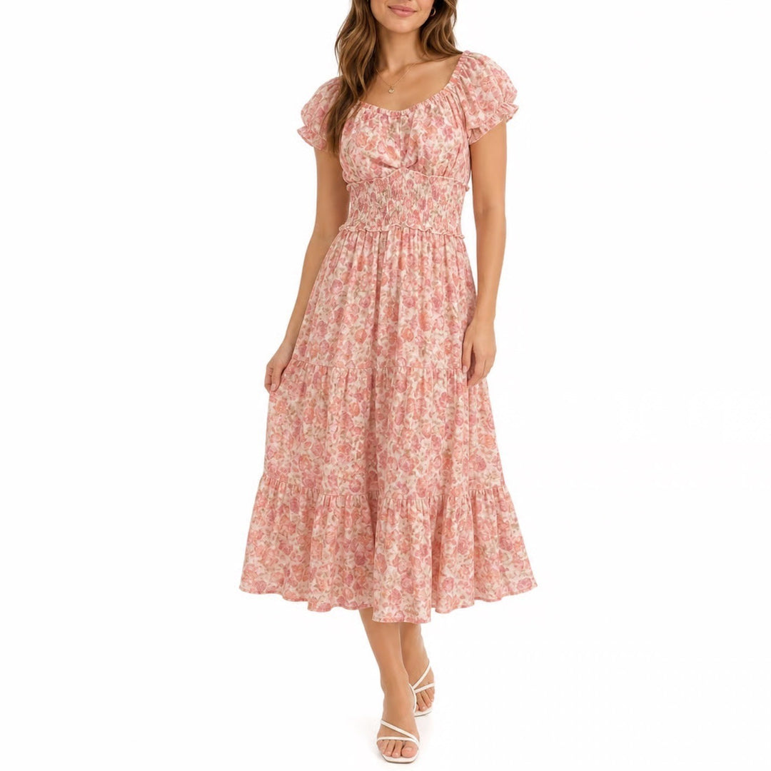 Trixxi Floral Maxi Dress Small Pink Peach Smocked Tiered Puff Sleeve