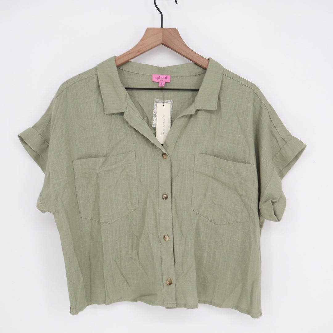 Mi Ami for Francescas Olive Green Linen Blend Button Down Shirt Large
