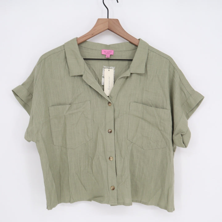Mi Ami for Francescas Olive Green Linen Blend Button Down Shirt Large
