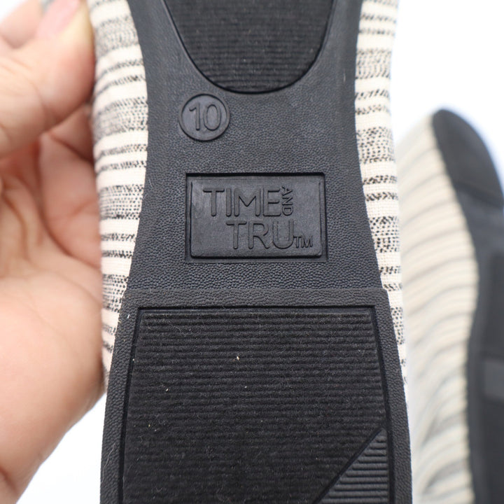 Time and Tru Womens Striped Knotted Bow Pointed Toe Ballet Flats Black Cream 10