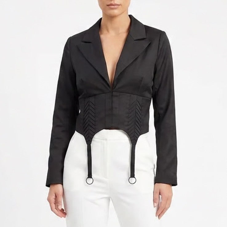 Naked Wardrobe The Statement Black Cropped Garter Blazer Jacket Medium