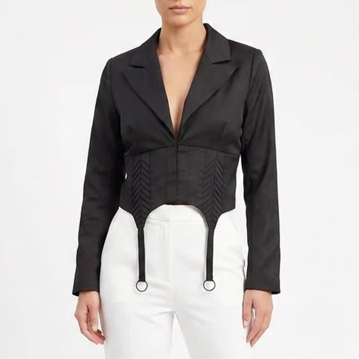 Naked Wardrobe The Statement Black Cropped Garter Blazer Jacket Medium