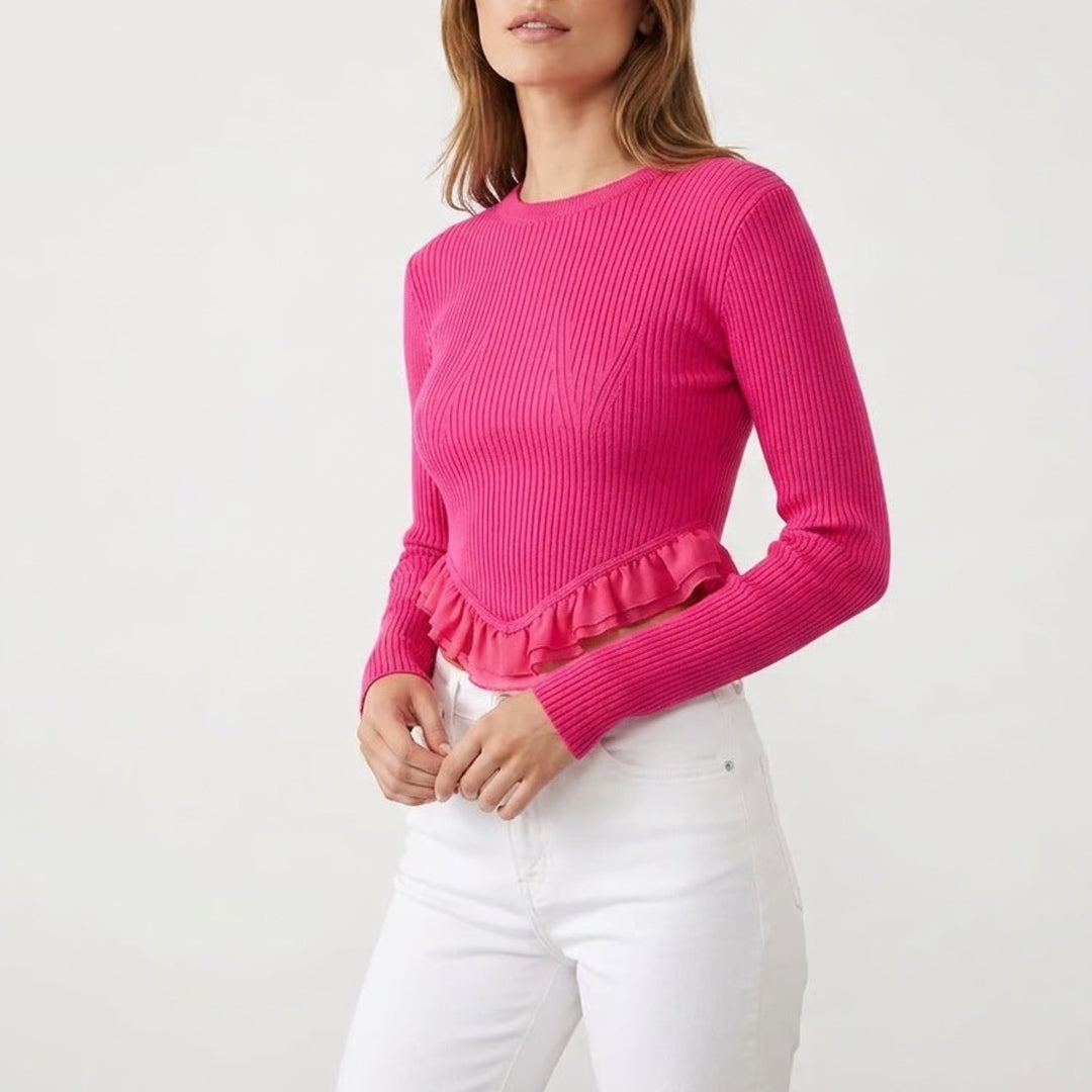 Robert Rodriguez Hot Pink Ribbed Knit Ruffle Hem Cropped Sweater Long Sleeve