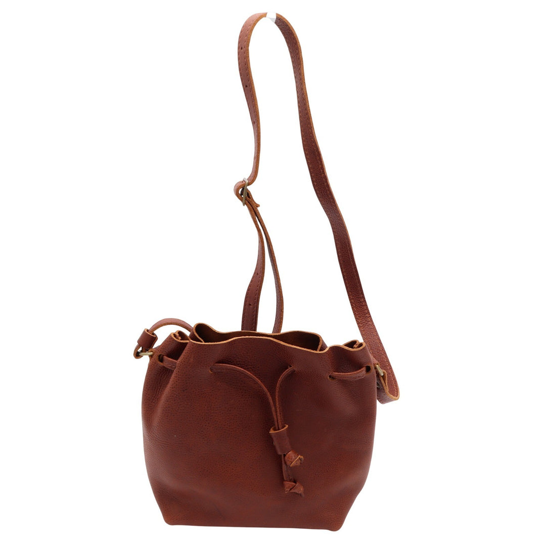Portland Leather Goods Cognac Brown Pebbled Leather Drawstring Bucket Bag Small