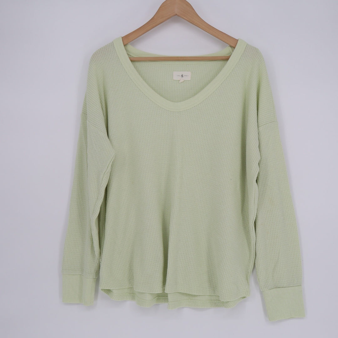 Lou & Grey T-Shirt Women Large Lime Green Stretch Waffle Knit V-Neck Long Sleeve
