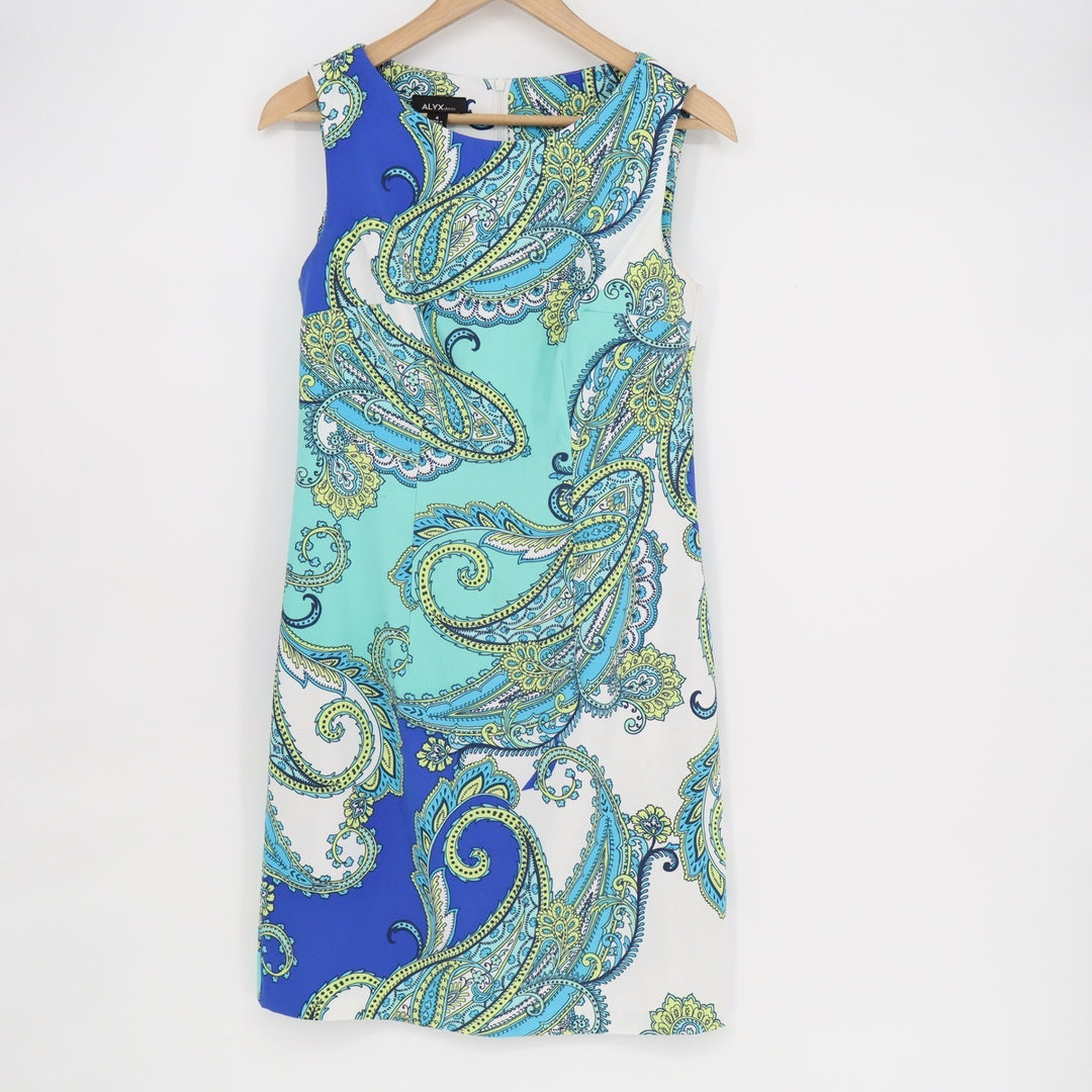 ALYX Dress Womens 4 Blue Green Paisley Sleeveless Sheath Stretch Shift