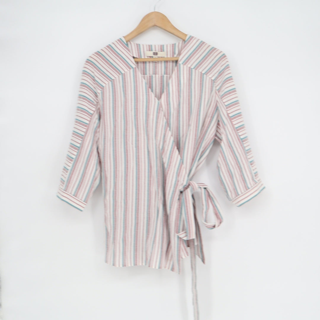 By Etcetera Womens Multi-Color Striped 3/4 Sleeve Wrap Blouse Size 8 V-Neck Top