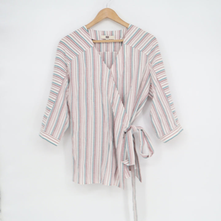 By Etcetera Womens Multi-Color Striped 3/4 Sleeve Wrap Blouse Size 8 V-Neck Top