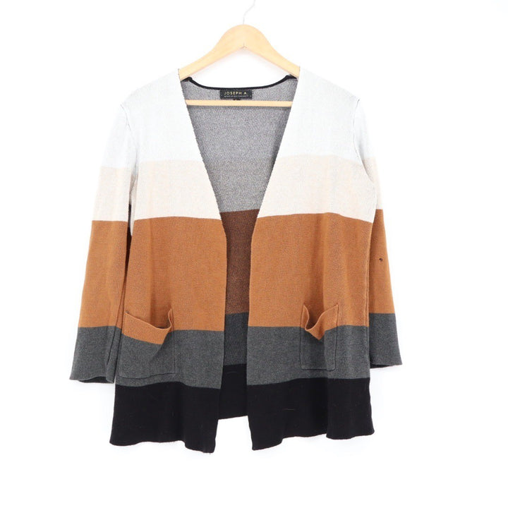 JOSEPH A Striped Open Front Cardigan Sweater Brown White Gray Black Size L