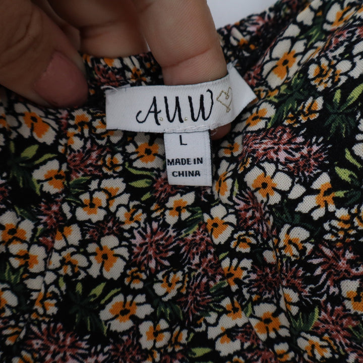 AUW Womens Floral Smocked Back Rayon Sundress Black Orange L
