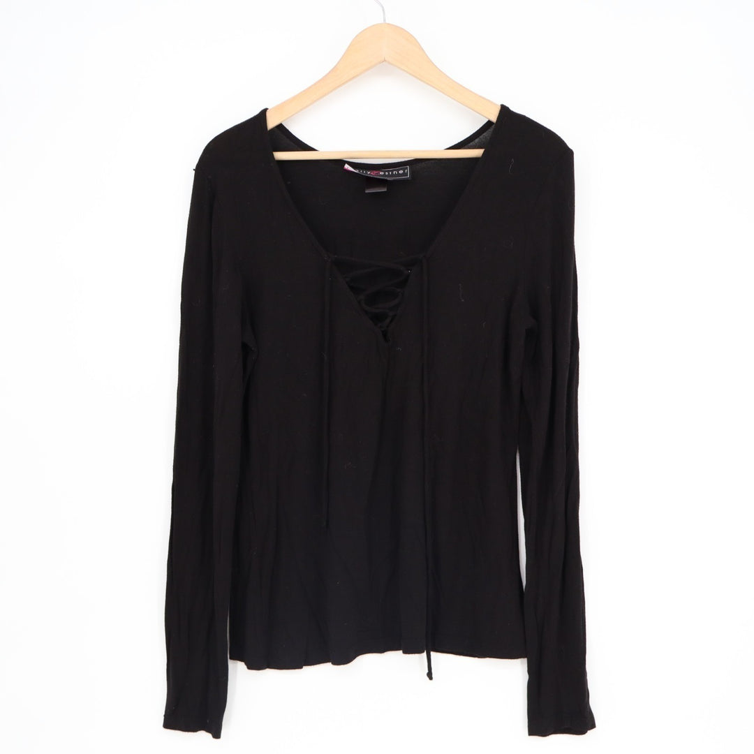 Polly & Esther Blouse Top Womens Black Long Sleeve Criss Cross Tie Up V Neck