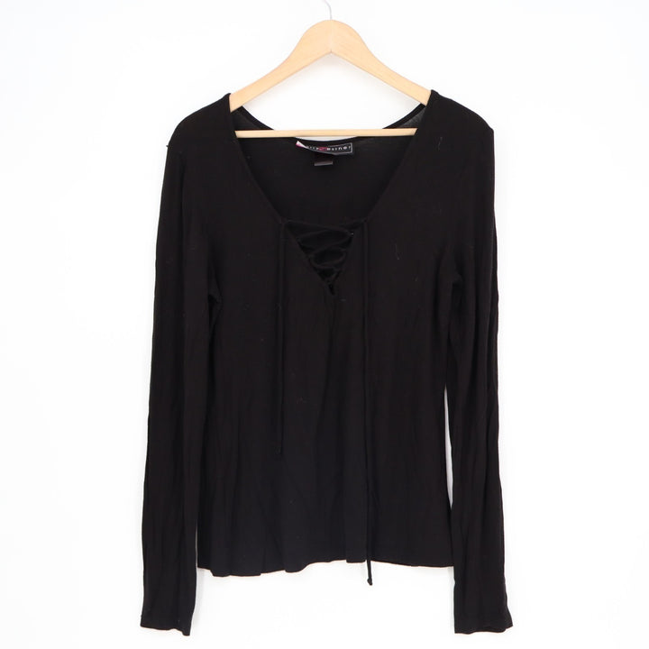 Polly & Esther Blouse Top Womens Black Long Sleeve Criss Cross Tie Up V Neck