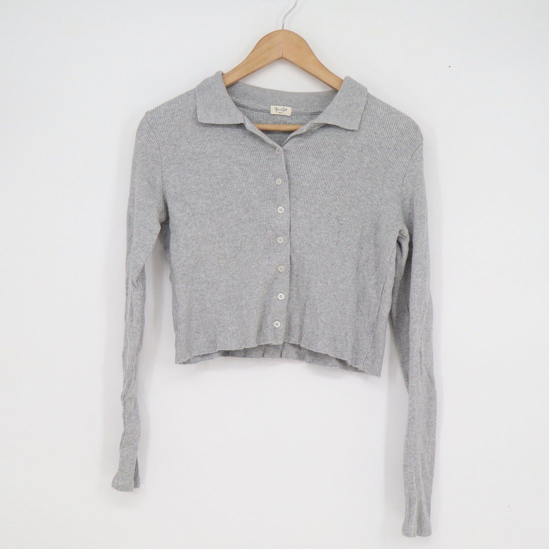 John Galt Brandy Melville Grey Ribbed Button Up Collared Cardigan Small