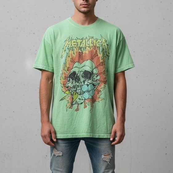 American Eagle x Metallica Graphic T-Shirt Skull Flower Flame Green Medium