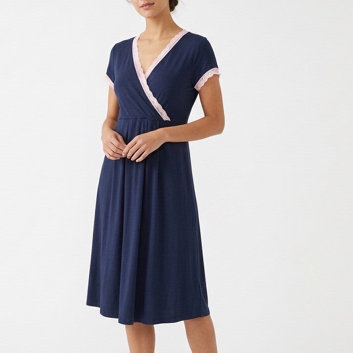 Kimi+Kai Nightgown Dress Womens M Navy Stretch Pleated Lace Trim Short Sleeve