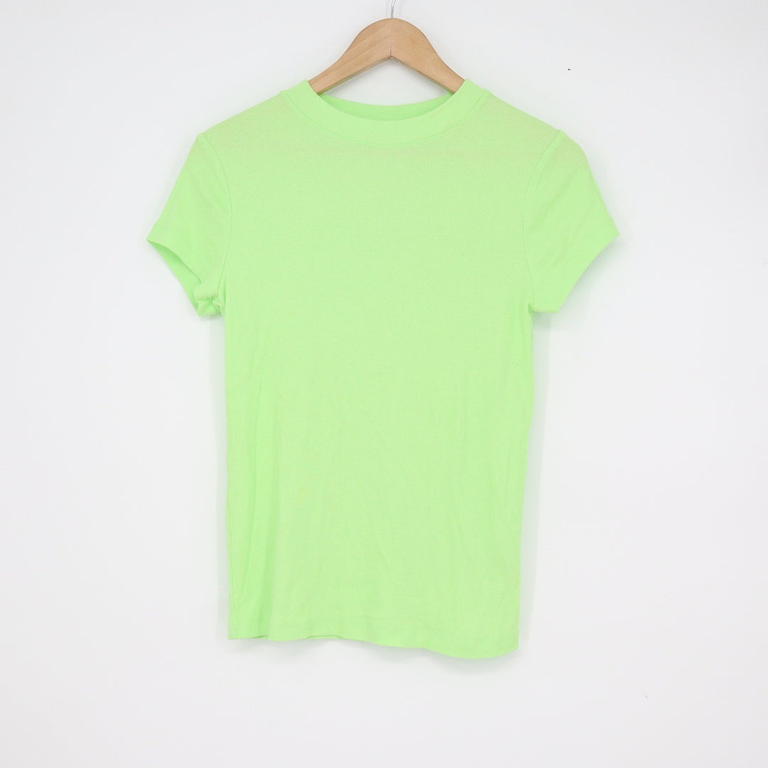 A New Day Neon Green Ribbed Short Sleeve Crew Neck T-Shirt Womens Medium