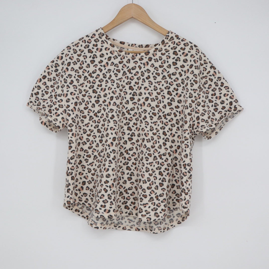 Roudelain Womens XL Leopard Print Short Sleeve Crew Neck Knit Top Tan Brown