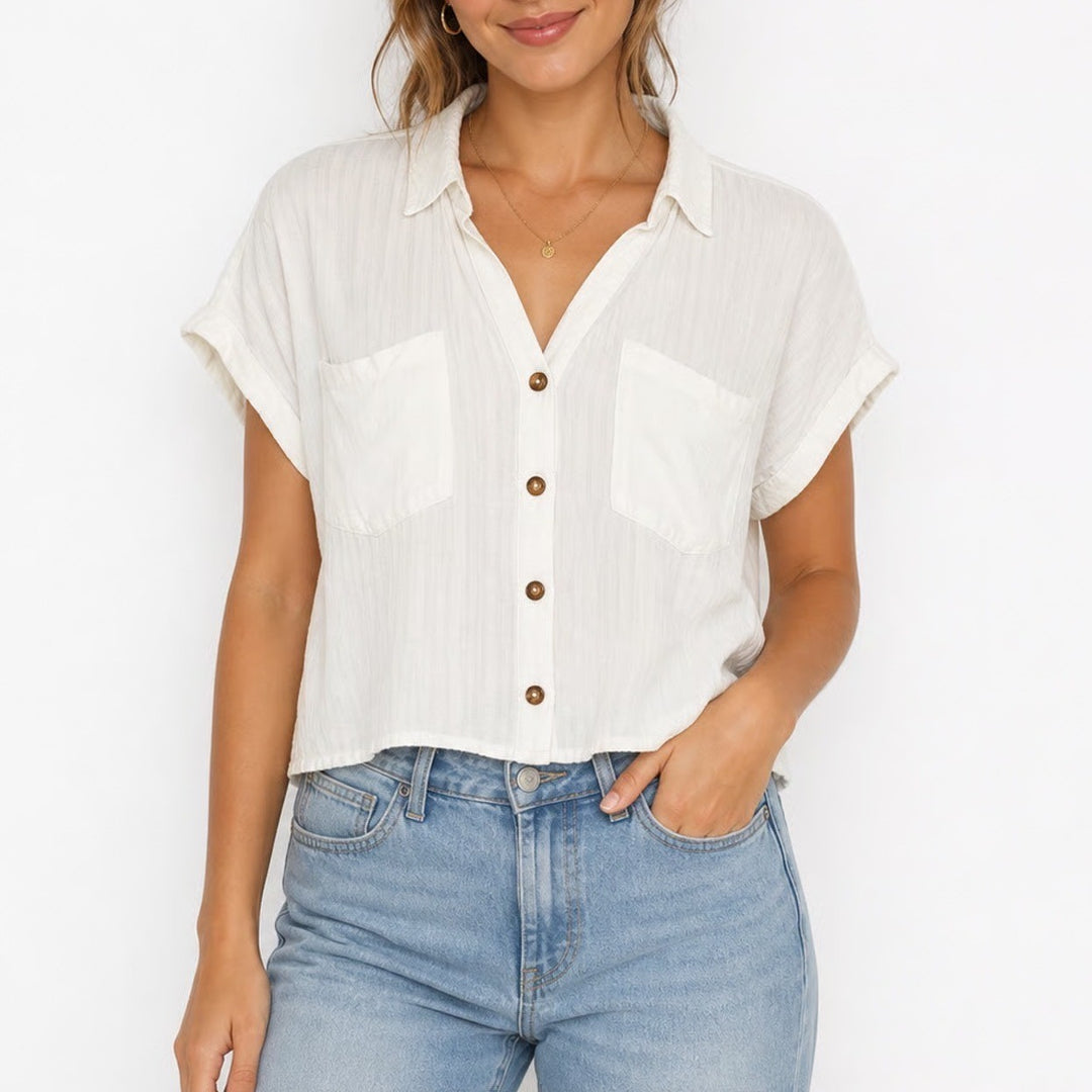 Mi Ami for Francescas White Linen Blend Cropped Button Down Shirt M