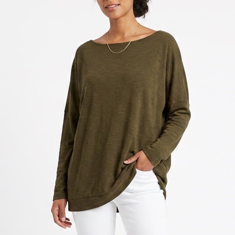 Qearal Sweater Womens XL Olive Green Stretch Ribbed Knit Drop Shoulder Pullover