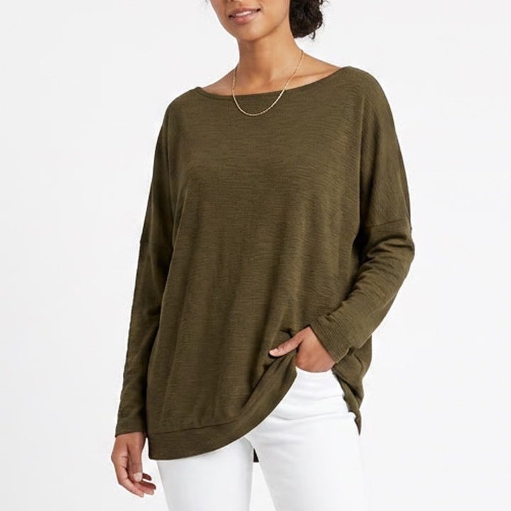 Qearal Sweater Womens XL Olive Green Stretch Ribbed Knit Drop Shoulder Pullover