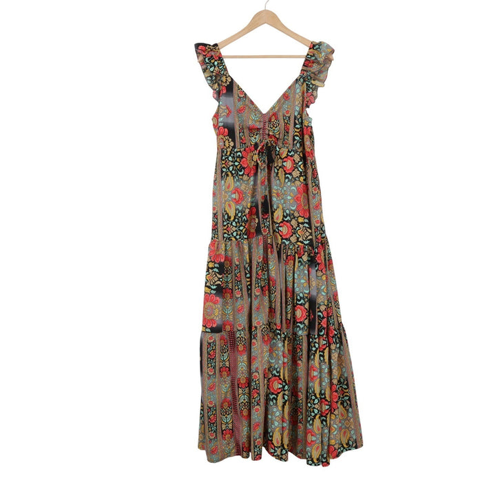 Boemo Womens Floral Paisley Smocked Tiered Maxi Dress Ruffle Strap Large