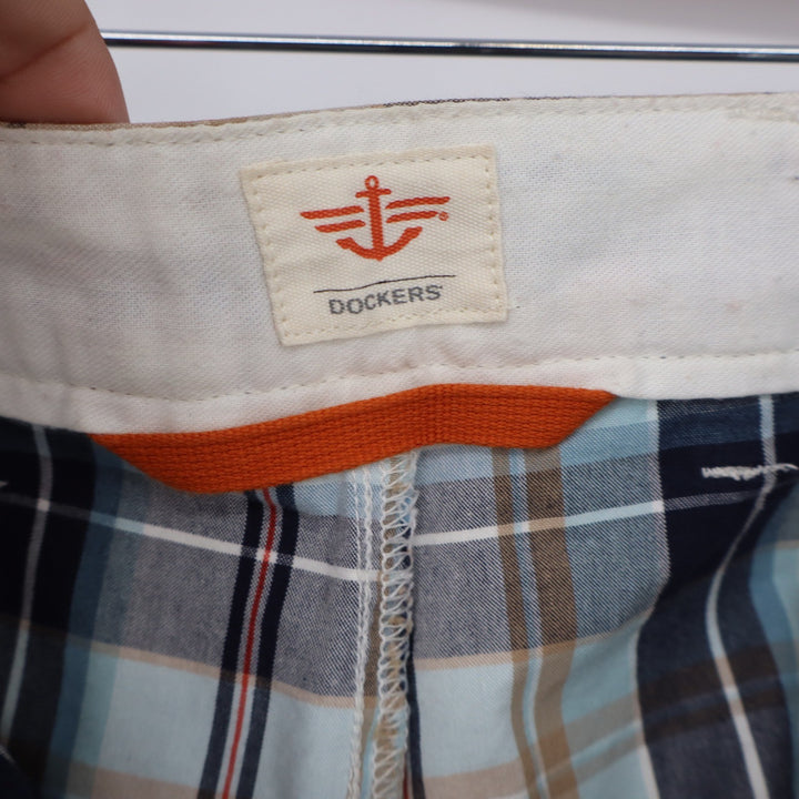 Dockers Shorts Mens 42 Plaid Blue White Tan Cotton Flat Front Excellent