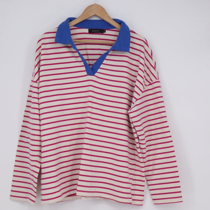 ZESICA Womens XL Pink White Striped Long Sleeve Polo Shirt Blue Collar KLK0604