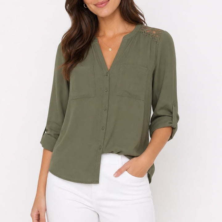 HM Divided Olive Green Lace Yoke Button Down Blouse Roll Tab Sleeve Size 6