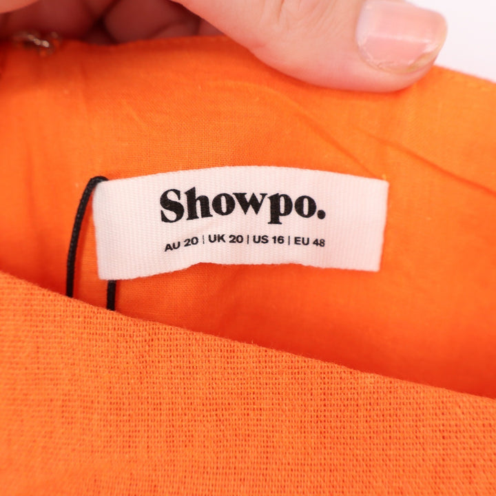 Showpo Rhyne Midi Dress Papaya Orange Asymmetric Puff Sleeve Cut Out US 16 NEW