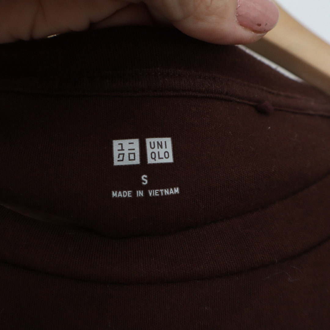 Uniqlo Womens Small Brown Long Sleeve Crew Neck Cotton Blend T-Shirt