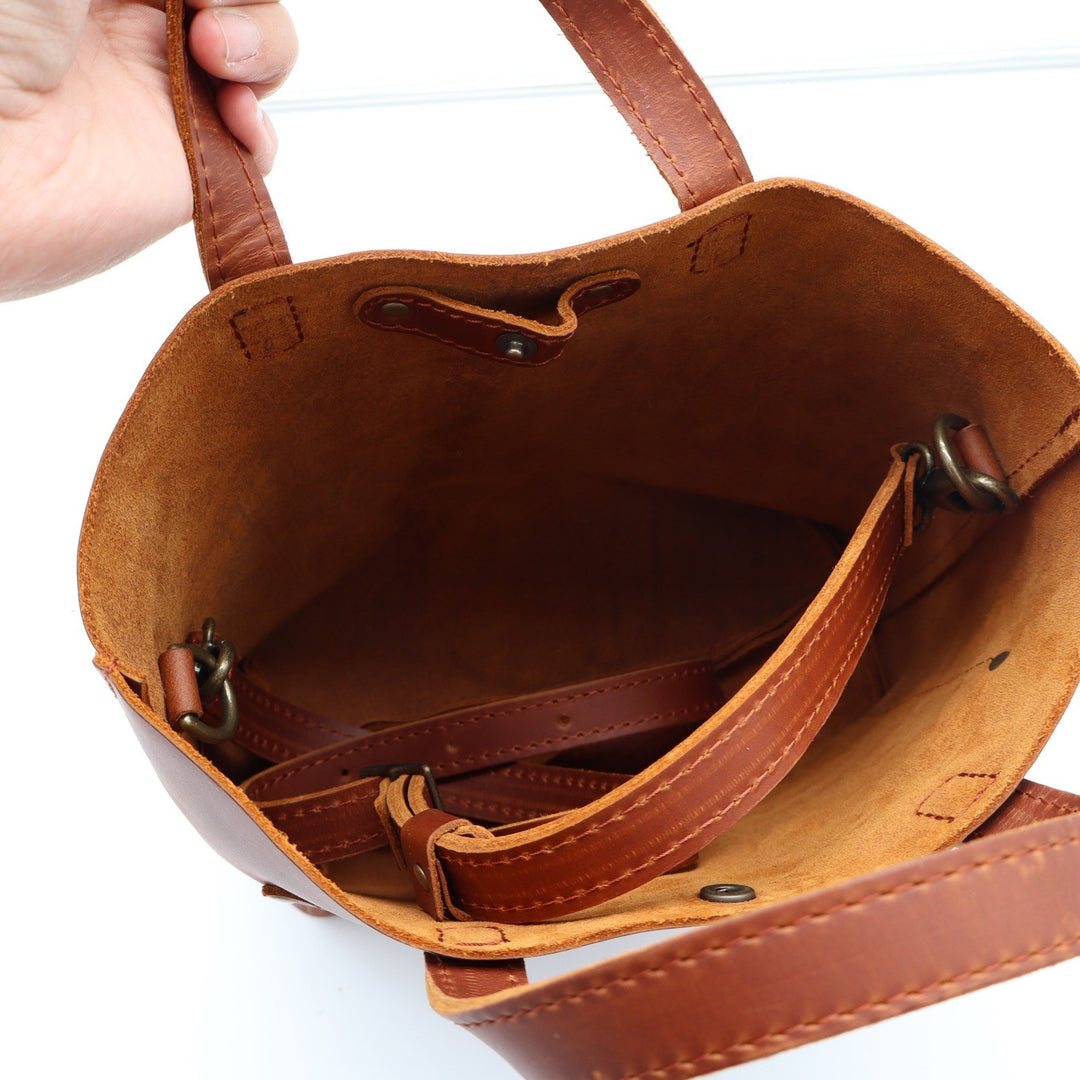 Portland Leather Goods Mini Crossbody Tote Bag Cognac Brown Leather Handbag