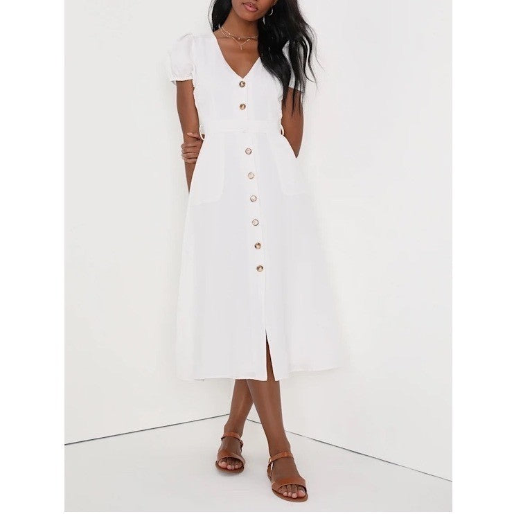 Lulus Sicily Sweetheart Midi Dress Womens Medium White Button-Front Puff Sleeve