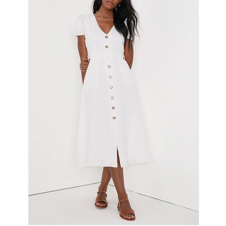 Lulus Sicily Sweetheart Midi Dress Womens Medium White Button-Front Puff Sleeve